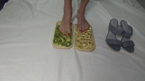Feet crush fruit &mdash;  tongue licks bare skin