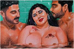 Erotic Art Or Drawing Of a Sexy Indian Woman Having A Steamy Affair with her Two Brother In Laws