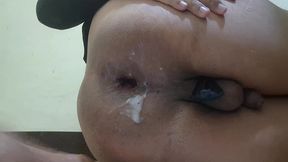 extreme anal gape: fat ass cute goth trans girl in raven cosplay inserting the testicles of a dildo into her anus