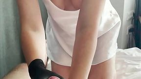 Blonde MILF in Latex Gloves Gives Tantalizing Handjob on Reality Show
