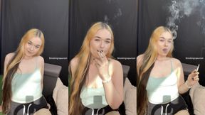 Tight top with no bra, Marlboro reds, black background - smokingrapunzel - smoking girl