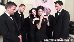 Black-haired MILF Veronica and Bonnie in a rough six-man gang bang