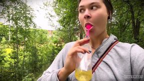 daring outdoor piss ritual in park - kinky mary drinks everything