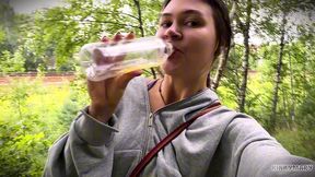 daring outdoor piss ritual in park - kinky mary drinks everything