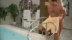 Blonde slut sucks cock and gets fucked in the pool