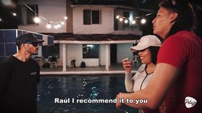 Husband gives his busty Latina a pool and she cheats on him by sucking the instructor's cock