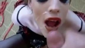 Skinny freaky white shemale bimbo getting facial after sex