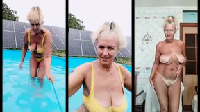 Volwassen blond moeder geniet van solo plezier in haar lingerie