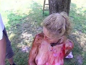 Blonde slut gets all covered with food outdoors