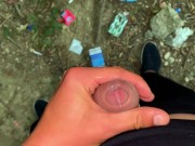 Glossy glans with precum cums at the cruising sex area