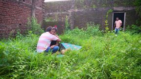 When a couple was getting ready to have sex in the ruins, a guy caught them and then had rough sex with the girl.