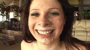 Sexy whore gets face covered in cum after fucking four massive cocks