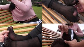 Sweet giggles and ticklish Xiomara's nylon feet in the park just for a while! - MOV