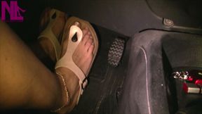 Sensual Driving in Cream Colored Gizeh Birkenstocks