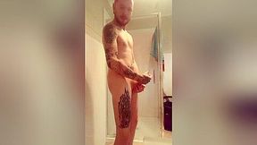 Tattooed Married Aussie jerks on cam in shower