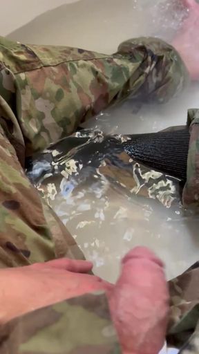 First Piss-pee Video! Watch While Army Specialist Gets in a Tub in Uniform and Begins to Wet Himself!