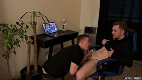 Gay Slut Boss Rides Dildo while Choking on Cock (4K)