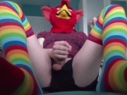Fursuit Teasing with cute rainbow socks, stripping, and cumming inside condom