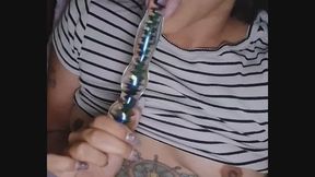 Glass dildo creams my pussy