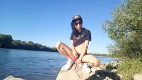 Risky river cumshot twink’s long black hair ruined outside