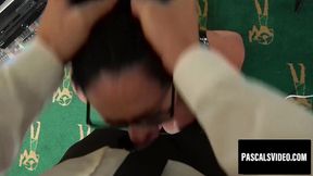 Gagged British Submissive Handles Big Cock in Doggy Style