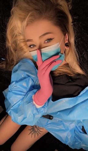 Masturbating in pink XS Halyard gloves