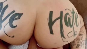 Inked stepmom cums from doggy pose anal in POV