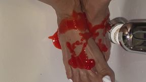 Melove in white nail Polish taking a bath