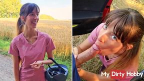 German babe sucks cock outdoors in nature