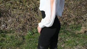 Maria's Black Leather Thigh Boot Walk 1