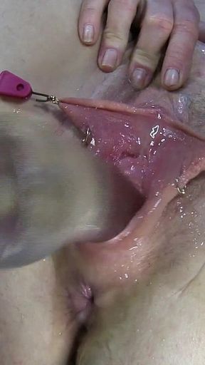 Far Spread Pumped Pussy Worked with Dildos Glasses and Billiard Ball
