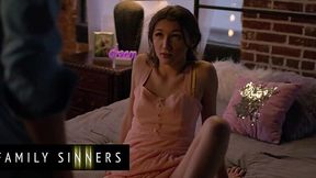 Skinny Brunette Bitch Fights With Step-Dad, Ends Up Taking His Fat Cock