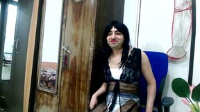 Beautiful sissy crossdresser femboy Sweet Lollipop with pink lips and long hair along with sexy sheer babydoll.
