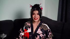 Asian girl with big natural tits mouths cock in a kimono