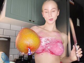 body art from a golden-haired student. Stripped breasts making an appetizer