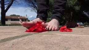 Red flowers trampling barefoot