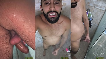 Camilo Brown Jerking His Big Uncut Cock in the Shower and Eating His Own Cum