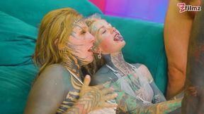 tattoed sluts have fun in interracial and ts gangbang, anal, dp, dap, fisting