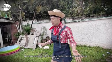 Grandma has bad intentions and convinces gardener to let her fuck him in the ass with the strap-on