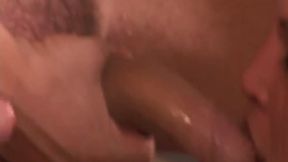 Dudes gangbang and facialize busty slut in leggings in living room