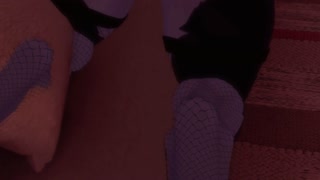 Arriving home: The giantess sits on her roommate