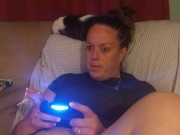 Sexy Step Mom Secretary Upskirt Teasing Spreading Legs Wide and Smoking While Playing Video Games