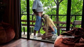 Luxury hotel, wild forest and juicy blowjob by the glass