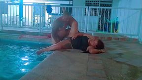 Amateur sex in public pool. Pool cleaner fucks boss'_s busty wife, the chubby slut sucks cock and they end up fucking outdoors, homemade video