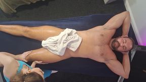 Female Hands Work Deep on His Post-gym Body Birds Eye View