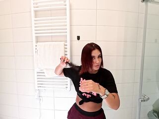 Hottest redhead ever in the baths touches herself in a super short college mini petticoat