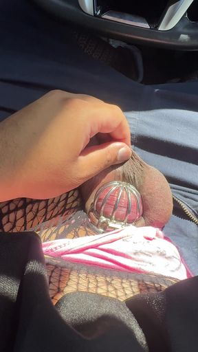 Fat Sissy Pig Checks Her Locked Clit in Traffic