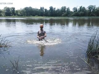 Alexa Cosmic transgirl swimming in clothing in river in jeans shirts and white t-shirt. Alexa Cosmic Wetlook Lover.