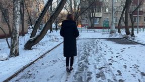 Ballet flats VS icy hill - The girl is wearing very slippery ballet flats, she can't walk to the store in such slippery shoes because she can't climb the mountain