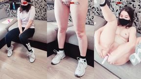 lustful asian girl watches porn and cums hard with anal toy